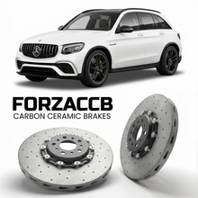 ForzaCCB direct OEM replacement carbon ceramic brake rotors for 2019 to 2022 Mercedes-Benz GLC 63 S AMG X253 models, shown with a white Mercedes-Benz GLC 63 S AMG car.