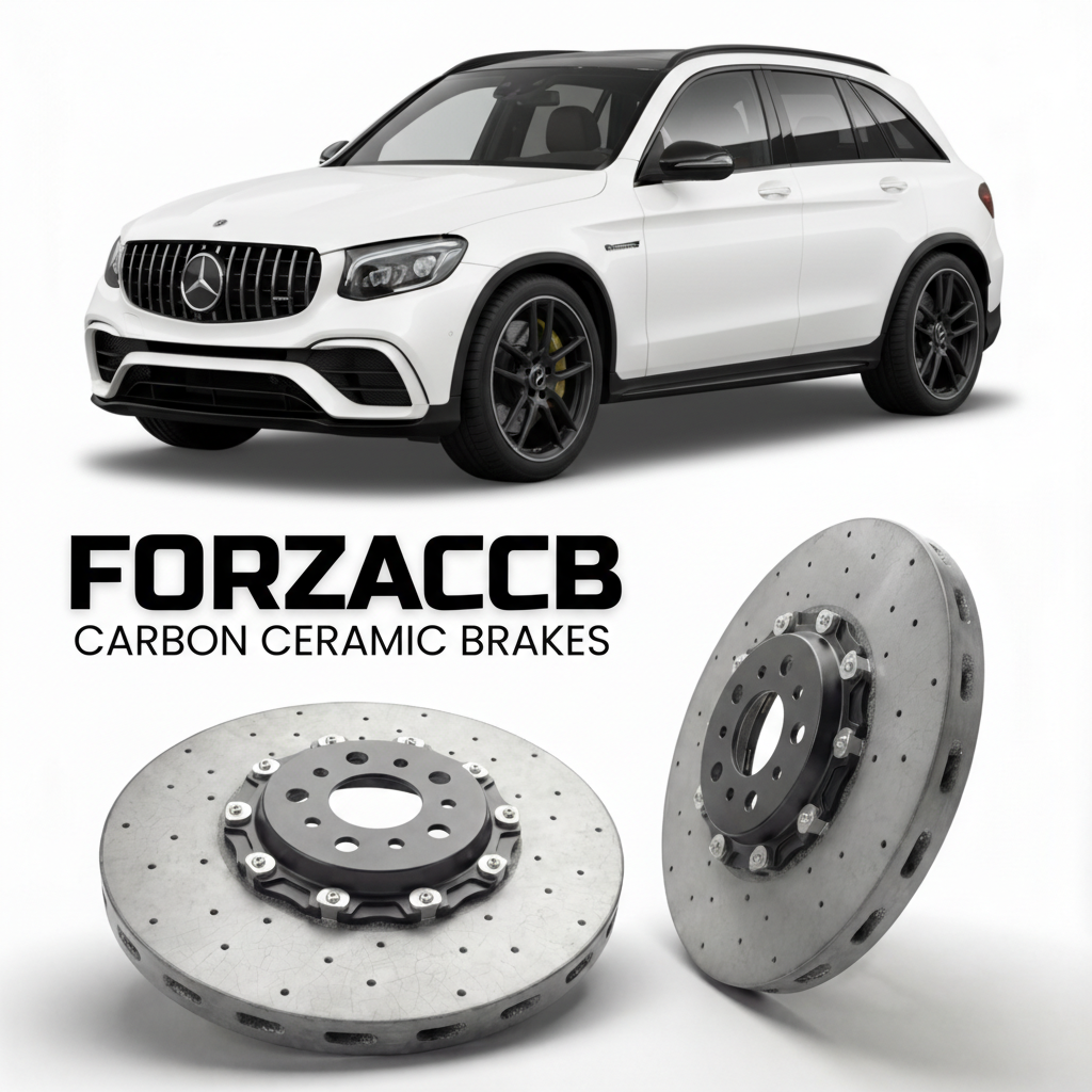 ForzaCCB direct OEM replacement carbon ceramic brake rotors for 2019 to 2022 Mercedes-Benz GLC 63 S AMG X253 models, shown with a white Mercedes-Benz GLC 63 S AMG car.
