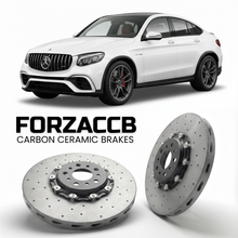 ForzaCCB direct OEM replacement carbon ceramic brake rotors for 2017 to 2018 Mercedes-Benz GLC 63 S AMG Coupé C253 models, shown with a white Mercedes-Benz GLC 63 S AMG Coupé car.