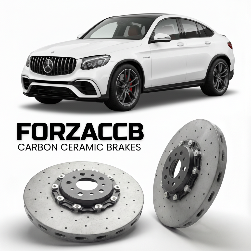 ForzaCCB direct OEM replacement carbon ceramic brake rotors for 2017 to 2018 Mercedes-Benz GLC 63 S AMG Coupé C253 models, shown with a white Mercedes-Benz GLC 63 S AMG Coupé car.