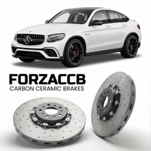ForzaCCB direct OEM replacement carbon ceramic brake rotors for 2019 to 2022 Mercedes-Benz GLC 63 S AMG Coupé C253 models, shown with a white Mercedes-Benz GLC 63 S AMG Coupé car.