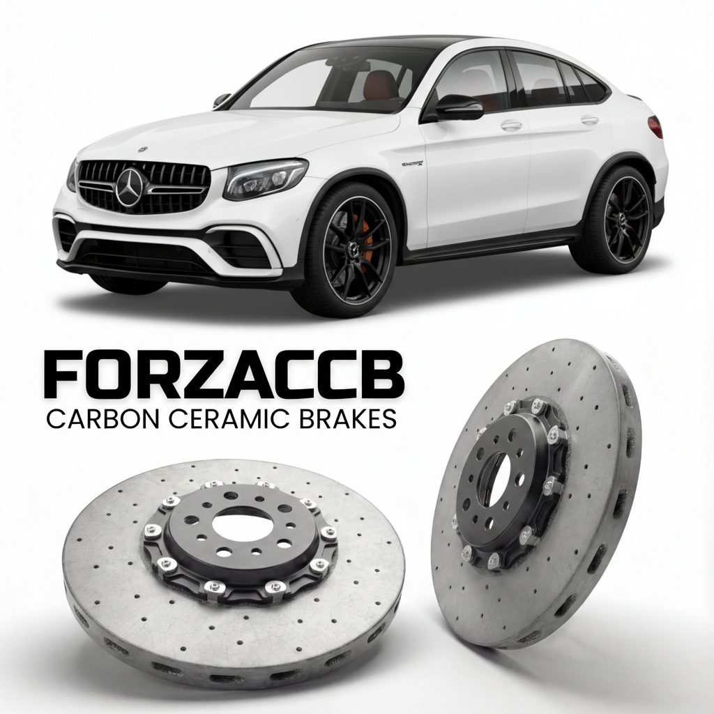 ForzaCCB direct OEM replacement carbon ceramic brake rotors for 2019 to 2022 Mercedes-Benz GLC 63 S AMG Coupé C253 models, shown with a white Mercedes-Benz GLC 63 S AMG Coupé car.