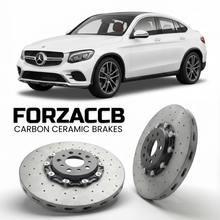 ForzaCCB direct OEM replacement carbon ceramic brake rotors for 2015 to 2022 Mercedes-Benz GLC Coupé C253 models, shown with a white Mercedes-Benz GLC Coupé car.