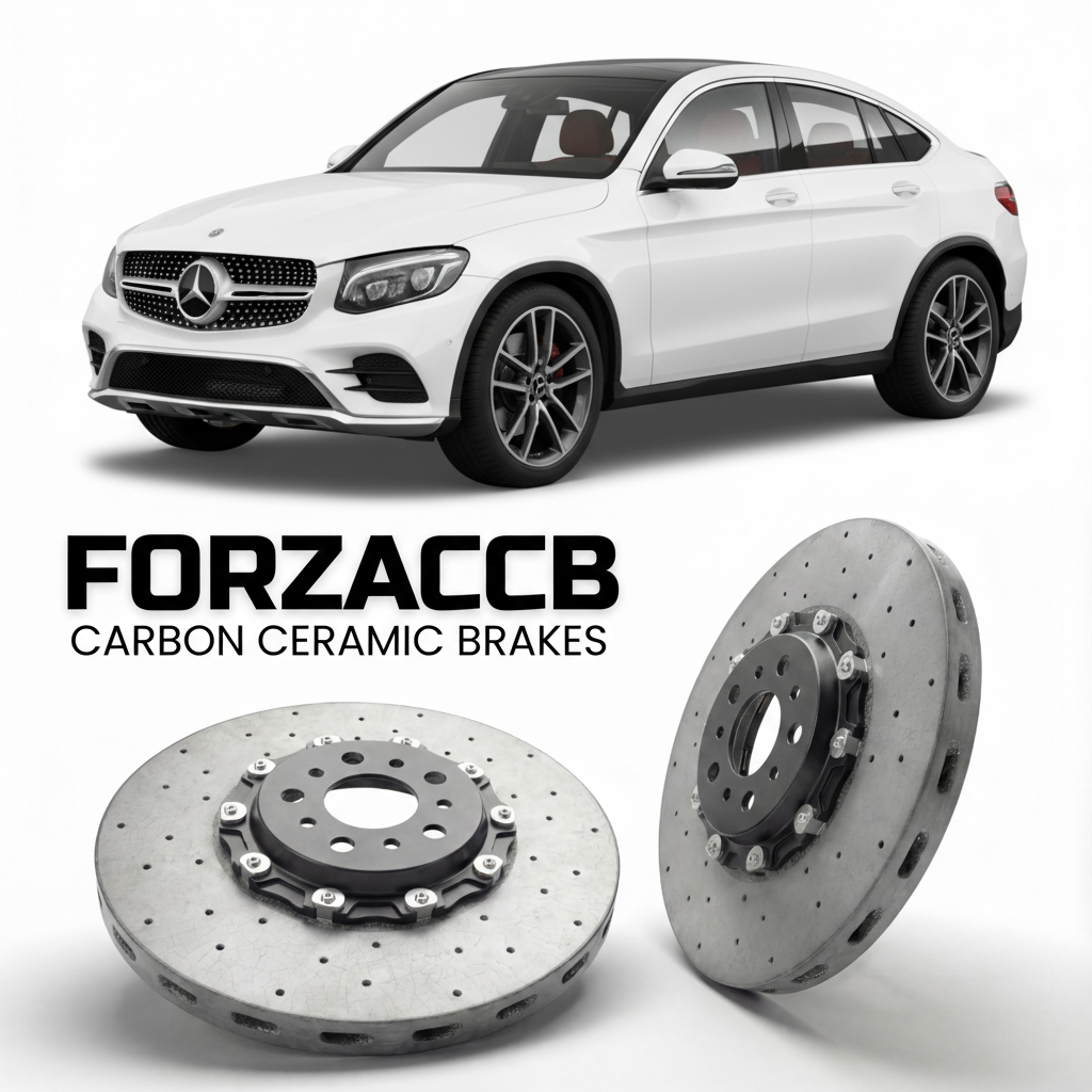 ForzaCCB direct OEM replacement carbon ceramic brake rotors for 2015 to 2022 Mercedes-Benz GLC Coupé C253 models, shown with a white Mercedes-Benz GLC Coupé car.