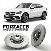 ForzaCCB direct OEM replacement carbon ceramic brake rotors for 2022- Mercedes-Benz GLC Coupé C254 models, shown with a white Mercedes-Benz GLC Coupé car.
