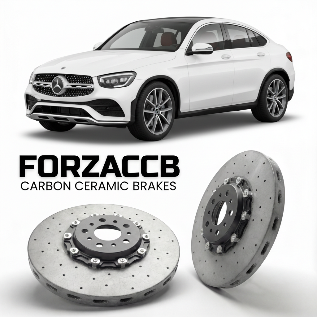 ForzaCCB direct OEM replacement carbon ceramic brake rotors for 2022- Mercedes-Benz GLC Coupé C254 models, shown with a white Mercedes-Benz GLC Coupé car.