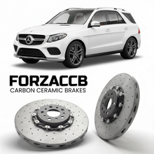 ForzaCCB direct OEM replacement carbon ceramic brake rotors for 2015 to 2019 Mercedes-Benz GLE W166 models, shown with a white Mercedes-Benz GLE car.