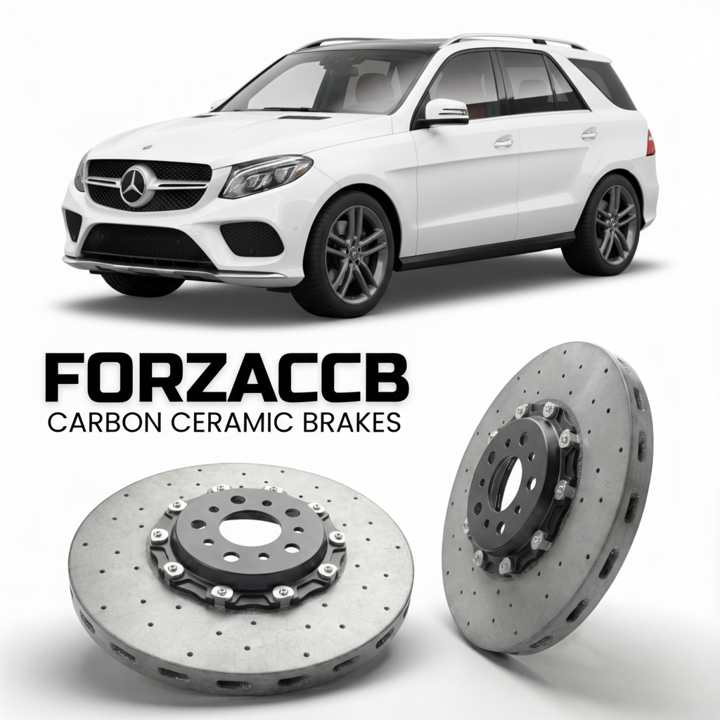 ForzaCCB direct OEM replacement carbon ceramic brake rotors for 2015 to 2019 Mercedes-Benz GLE W166 models, shown with a white Mercedes-Benz GLE car.