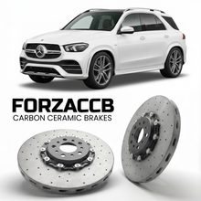 ForzaCCB direct OEM replacement carbon ceramic brake rotors for 2019- Mercedes-Benz GLE W167 models, shown with a white Mercedes-Benz GLE car.
