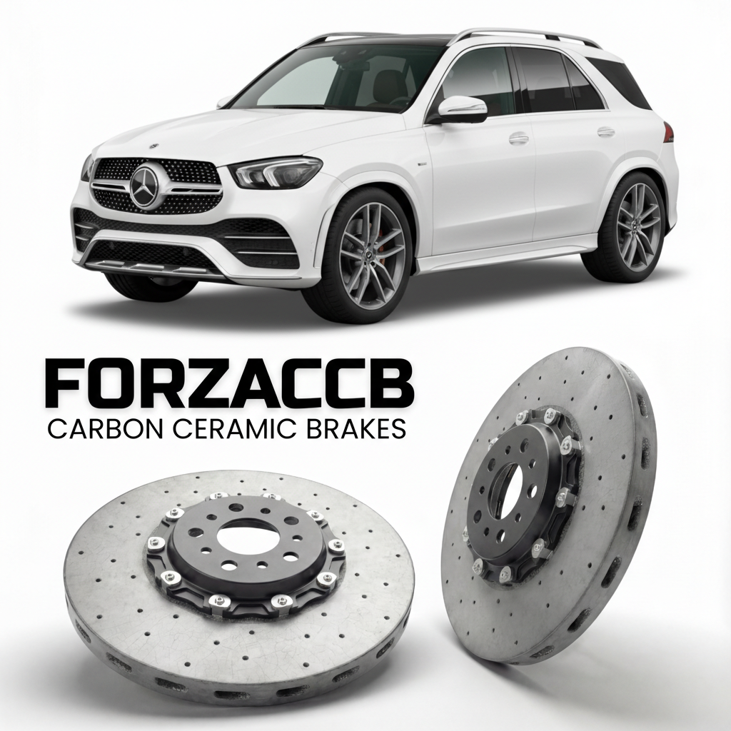 ForzaCCB direct OEM replacement carbon ceramic brake rotors for 2019- Mercedes-Benz GLE W167 models, shown with a white Mercedes-Benz GLE car.
