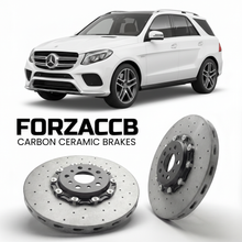 ForzaCCB direct OEM replacement carbon ceramic brake rotors for 2015 to 2018 Mercedes-Benz GLE 43 AMG W166 models, shown with a white Mercedes-Benz GLE 43 AMG car.