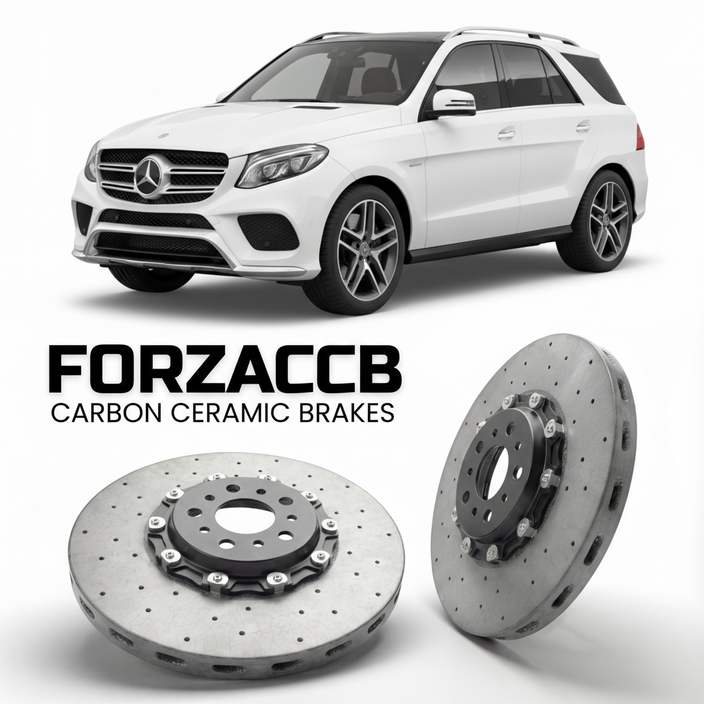 ForzaCCB direct OEM replacement carbon ceramic brake rotors for 2015 to 2018 Mercedes-Benz GLE 43 AMG W166 models, shown with a white Mercedes-Benz GLE 43 AMG car.