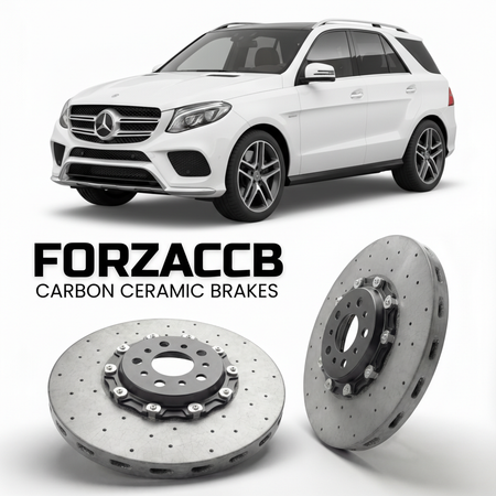 ForzaCCB direct OEM replacement carbon ceramic brake rotors for 2015 to 2018 Mercedes-Benz GLE 43 AMG W166 models, shown with a white Mercedes-Benz GLE 43 AMG car.