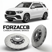 ForzaCCB direct OEM replacement carbon ceramic brake rotors for 2020- Mercedes-Benz GLE 53 AMG W167/C167 models, shown with a white Mercedes-Benz GLE 53 AMG car.