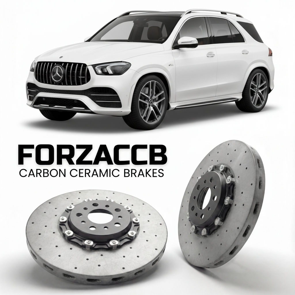 ForzaCCB direct OEM replacement carbon ceramic brake rotors for 2020- Mercedes-Benz GLE 53 AMG W167/C167 models, shown with a white Mercedes-Benz GLE 53 AMG car.