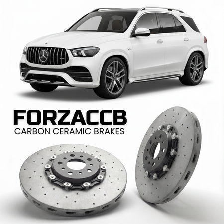 ForzaCCB direct OEM replacement carbon ceramic brake rotors for 2020- Mercedes-Benz GLE 53 AMG W167/C167 models, shown with a white Mercedes-Benz GLE 53 AMG car.