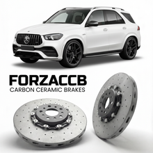 ForzaCCB direct OEM replacement carbon ceramic brake rotors for 2020- Mercedes-Benz GLE 63 AMG W167 models, shown with a white Mercedes-Benz GLE 63 AMG car.