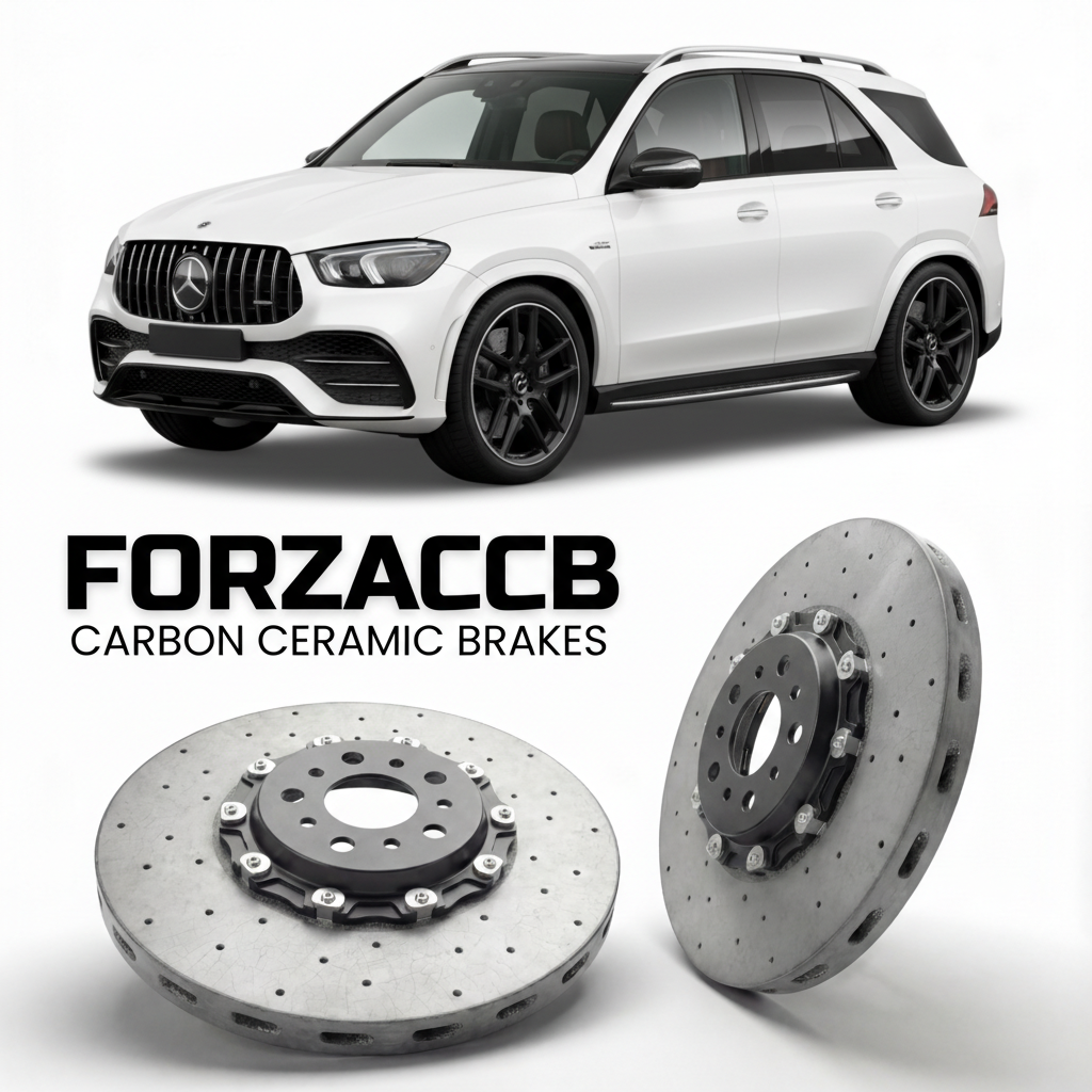 ForzaCCB direct OEM replacement carbon ceramic brake rotors for 2020- Mercedes-Benz GLE 63 AMG W167 models, shown with a white Mercedes-Benz GLE 63 AMG car.