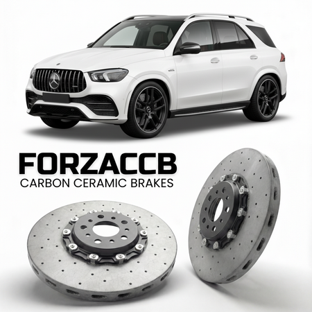 ForzaCCB direct OEM replacement carbon ceramic brake rotors for 2020- Mercedes-Benz GLE 63 AMG W167 models, shown with a white Mercedes-Benz GLE 63 AMG car.