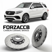 ForzaCCB direct OEM replacement carbon ceramic brake rotors for 2015 to 2019 Mercedes-Benz GLE 63 S AMG W166 models, shown with a white Mercedes-Benz GLE 63 S AMG car.
