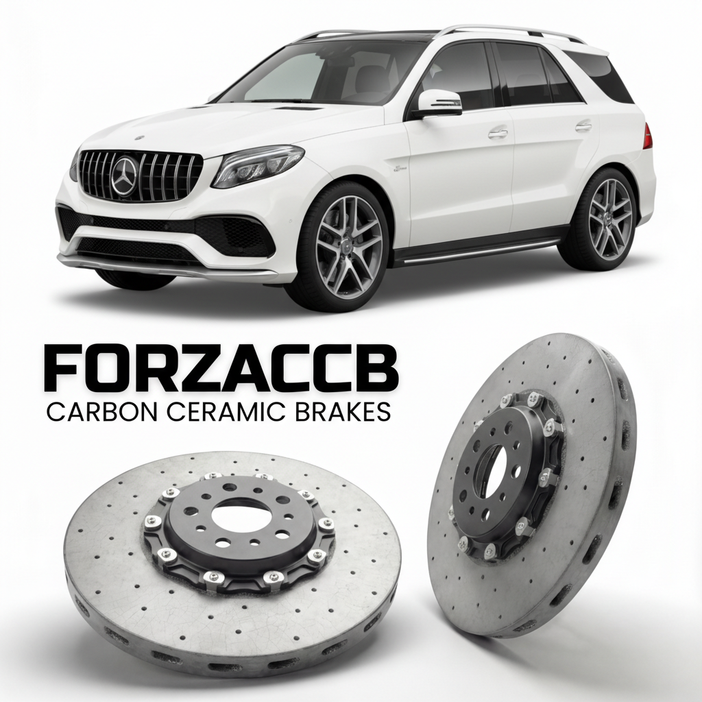 ForzaCCB direct OEM replacement carbon ceramic brake rotors for 2015 to 2019 Mercedes-Benz GLE 63 S AMG W166 models, shown with a white Mercedes-Benz GLE 63 S AMG car.