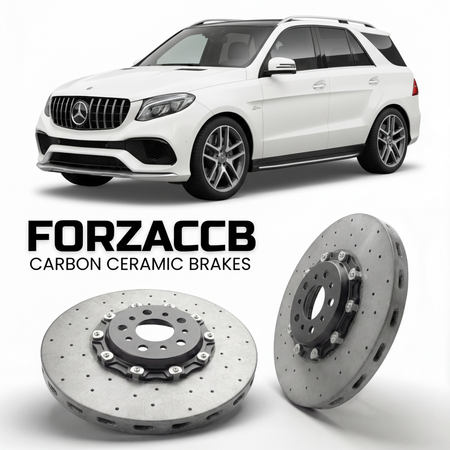 ForzaCCB direct OEM replacement carbon ceramic brake rotors for 2015 to 2019 Mercedes-Benz GLE 63 S AMG W166 models, shown with a white Mercedes-Benz GLE 63 S AMG car.
