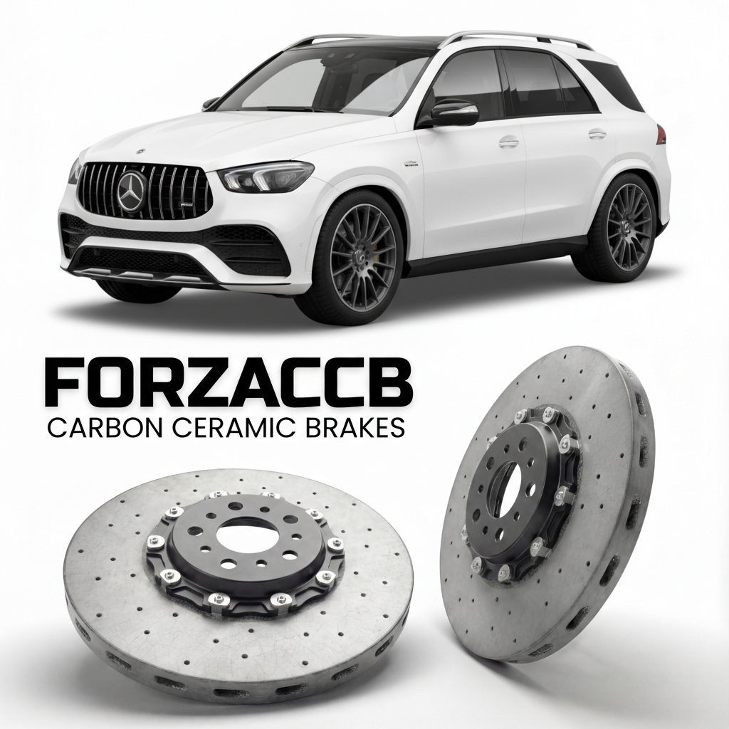 ForzaCCB direct OEM replacement carbon ceramic brake rotors for 2020- Mercedes-Benz GLE 63 S AMG W167 models, shown with a white Mercedes-Benz GLE 63 S AMG car.