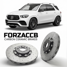 ForzaCCB direct OEM replacement carbon ceramic brake rotors for 2020- Mercedes-Benz GLE 63 S AMG W167 models, shown with a white Mercedes-Benz GLE 63 S AMG car.