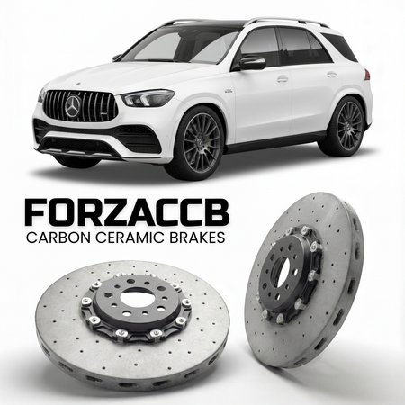 ForzaCCB direct OEM replacement carbon ceramic brake rotors for 2020- Mercedes-Benz GLE 63 S AMG W167 models, shown with a white Mercedes-Benz GLE 63 S AMG car.