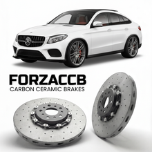 ForzaCCB direct OEM replacement carbon ceramic brake rotors for 2015 to 2019 Mercedes-Benz GLE Coupé C292 models, shown with a white Mercedes-Benz GLE Coupé car.