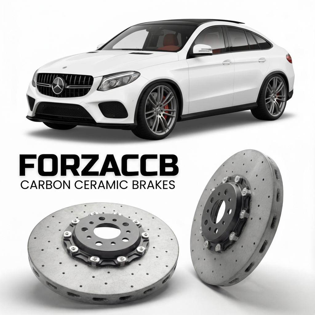 ForzaCCB direct OEM replacement carbon ceramic brake rotors for 2015 to 2019 Mercedes-Benz GLE Coupé C292 models, shown with a white Mercedes-Benz GLE Coupé car.