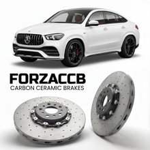 ForzaCCB direct OEM replacement carbon ceramic brake rotors for 2019- Mercedes-Benz GLE Coupé C167 models, shown with a white Mercedes-Benz GLE Coupé car.