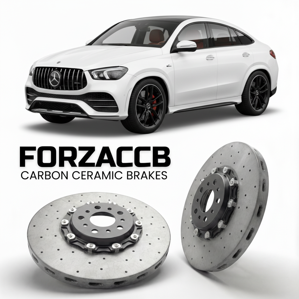ForzaCCB direct OEM replacement carbon ceramic brake rotors for 2019- Mercedes-Benz GLE Coupé C167 models, shown with a white Mercedes-Benz GLE Coupé car.