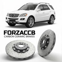 ForzaCCB direct OEM replacement carbon ceramic brake rotors for 2005 to 2011 Mercedes-Benz GLE/ML W164 models, shown with a white Mercedes-Benz GLE/ML car.