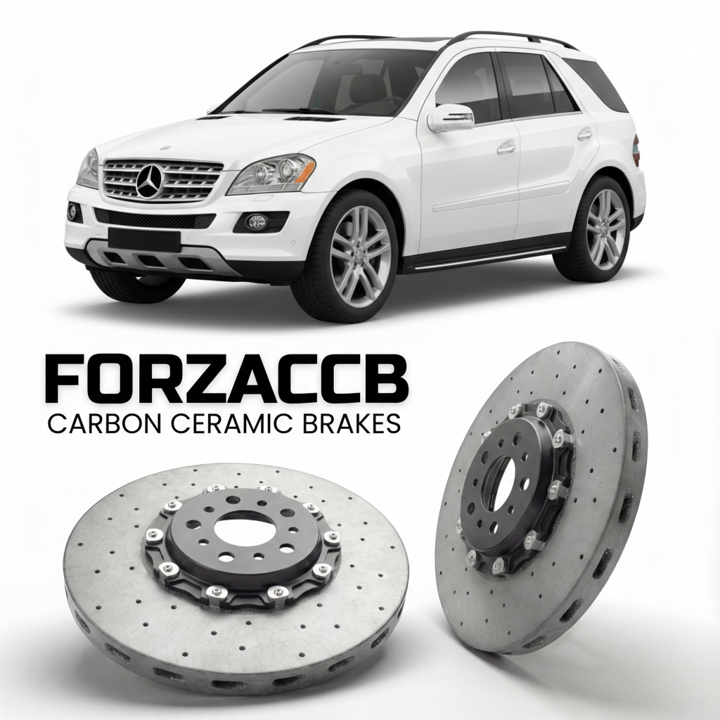 ForzaCCB direct OEM replacement carbon ceramic brake rotors for 2005 to 2011 Mercedes-Benz GLE/ML W164 models, shown with a white Mercedes-Benz GLE/ML car.