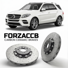 ForzaCCB direct OEM replacement carbon ceramic brake rotors for 2011 to 2015 Mercedes-Benz GLE/ML W166 models, shown with a white Mercedes-Benz GLE/ML car.