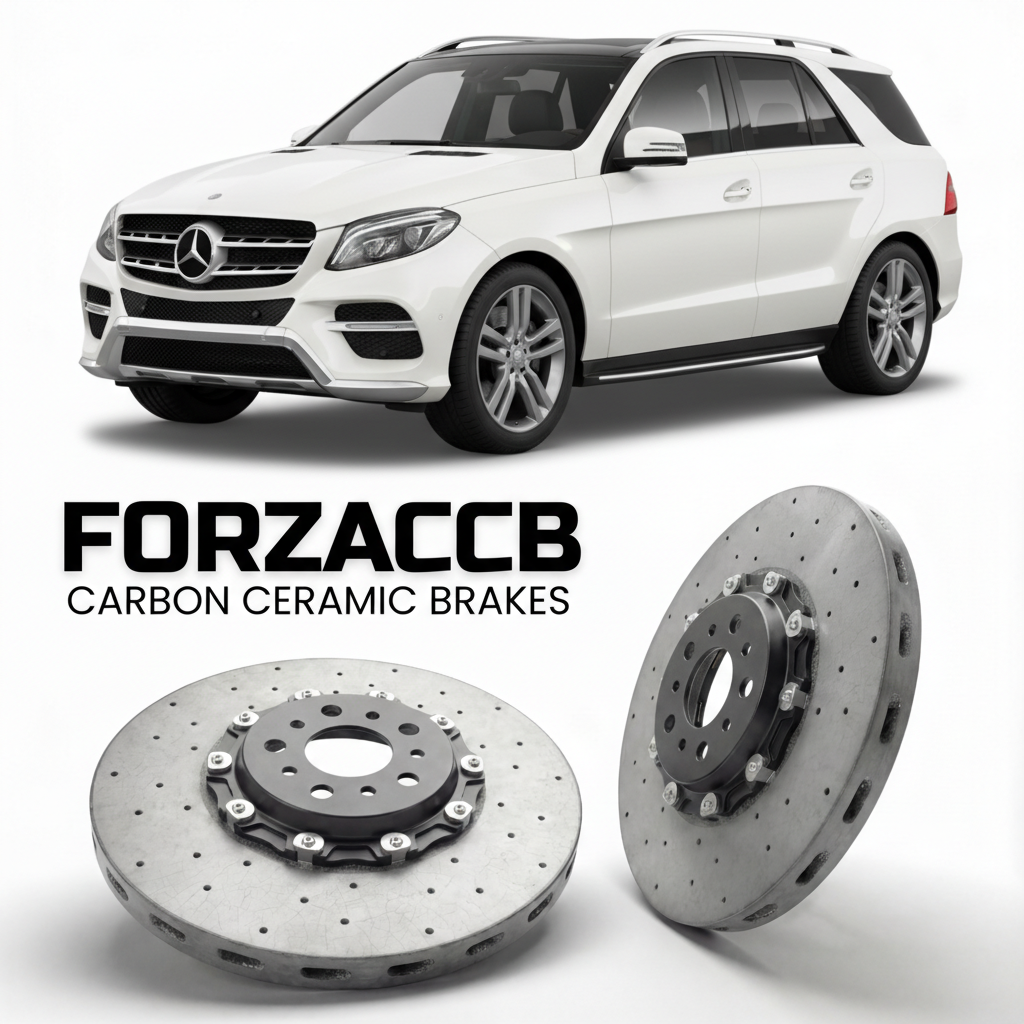 ForzaCCB direct OEM replacement carbon ceramic brake rotors for 2011 to 2015 Mercedes-Benz GLE/ML W166 models, shown with a white Mercedes-Benz GLE/ML car.