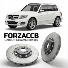 ForzaCCB direct OEM replacement carbon ceramic brake rotors for 2008 to 2015 Mercedes-Benz GLK-Class X204 models, shown with a white Mercedes-Benz GLK-Class car.
