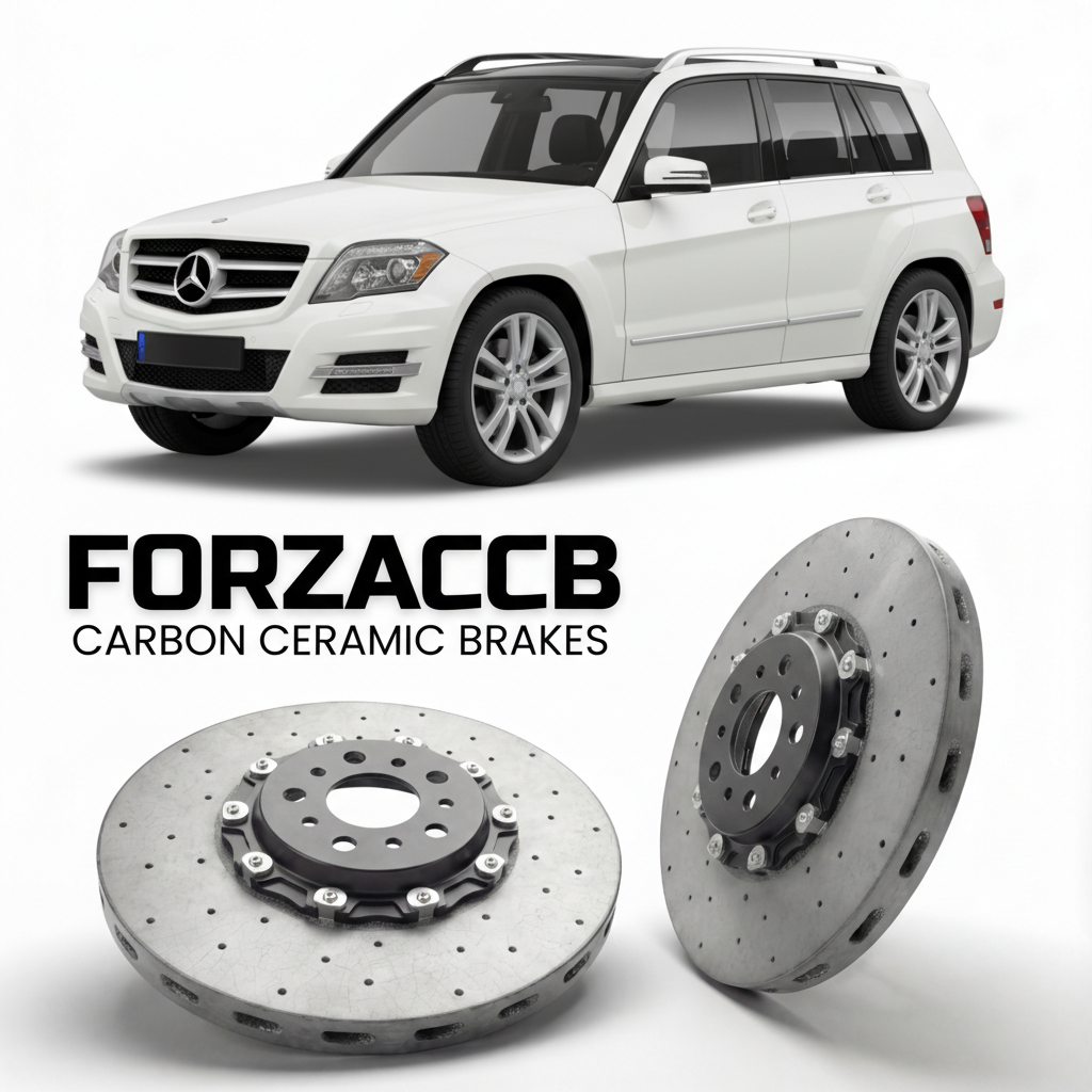 ForzaCCB direct OEM replacement carbon ceramic brake rotors for 2008 to 2015 Mercedes-Benz GLK-Class X204 models, shown with a white Mercedes-Benz GLK-Class car.