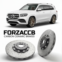 ForzaCCB direct OEM replacement carbon ceramic brake rotors for 2019- Mercedes-Benz GLS X167 models, shown with a white Mercedes-Benz GLS car.