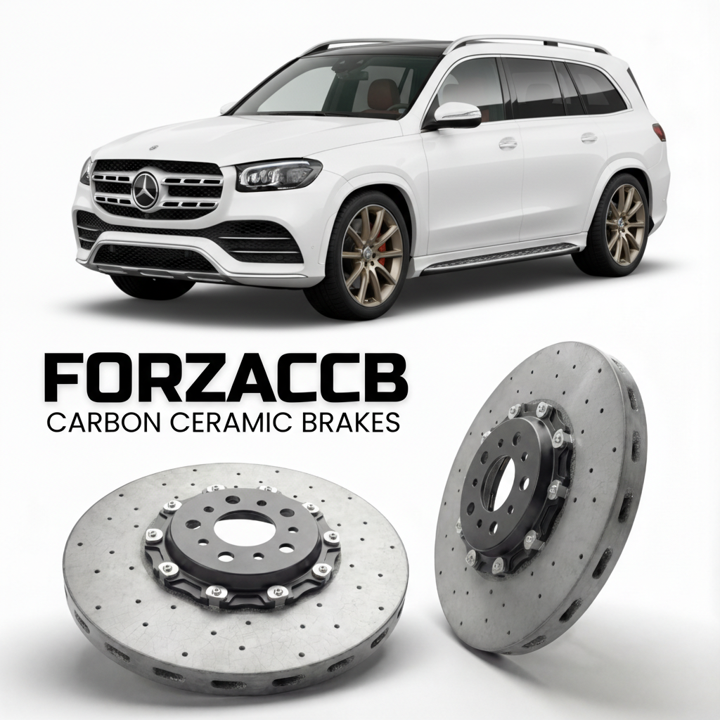 ForzaCCB direct OEM replacement carbon ceramic brake rotors for 2019- Mercedes-Benz GLS X167 models, shown with a white Mercedes-Benz GLS car.