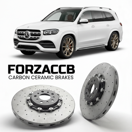 ForzaCCB direct OEM replacement carbon ceramic brake rotors for 2019- Mercedes-Benz GLS X167 models, shown with a white Mercedes-Benz GLS car.