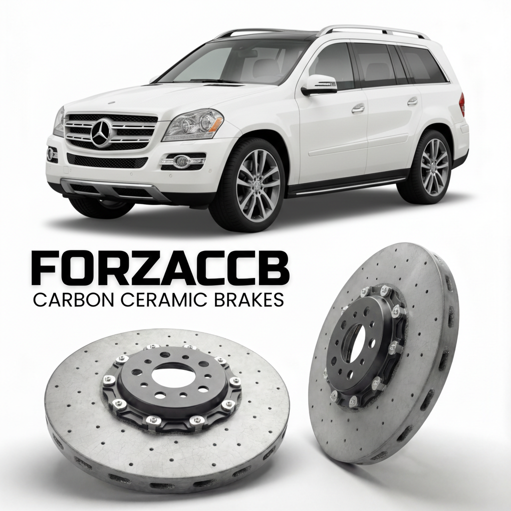 ForzaCCB direct OEM replacement carbon ceramic brake rotors for 2006 to 2012 Mercedes-Benz GLS/GL X164 models, shown with a white Mercedes-Benz GLS/GL car.