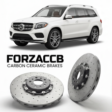 ForzaCCB direct OEM replacement carbon ceramic brake rotors for 2012 to 2019 Mercedes-Benz GLS/GL X166 models, shown with a white Mercedes-Benz GLS/GL car.