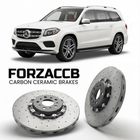 ForzaCCB direct OEM replacement carbon ceramic brake rotors for 2012 to 2019 Mercedes-Benz GLS/GL X166 models, shown with a white Mercedes-Benz GLS/GL car.