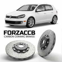 ForzaCCB direct OEM replacement carbon ceramic brake rotors for 2010 to 2012 Volkswagen Golf Mk6 5K models, shown with a white Volkswagen Golf car.