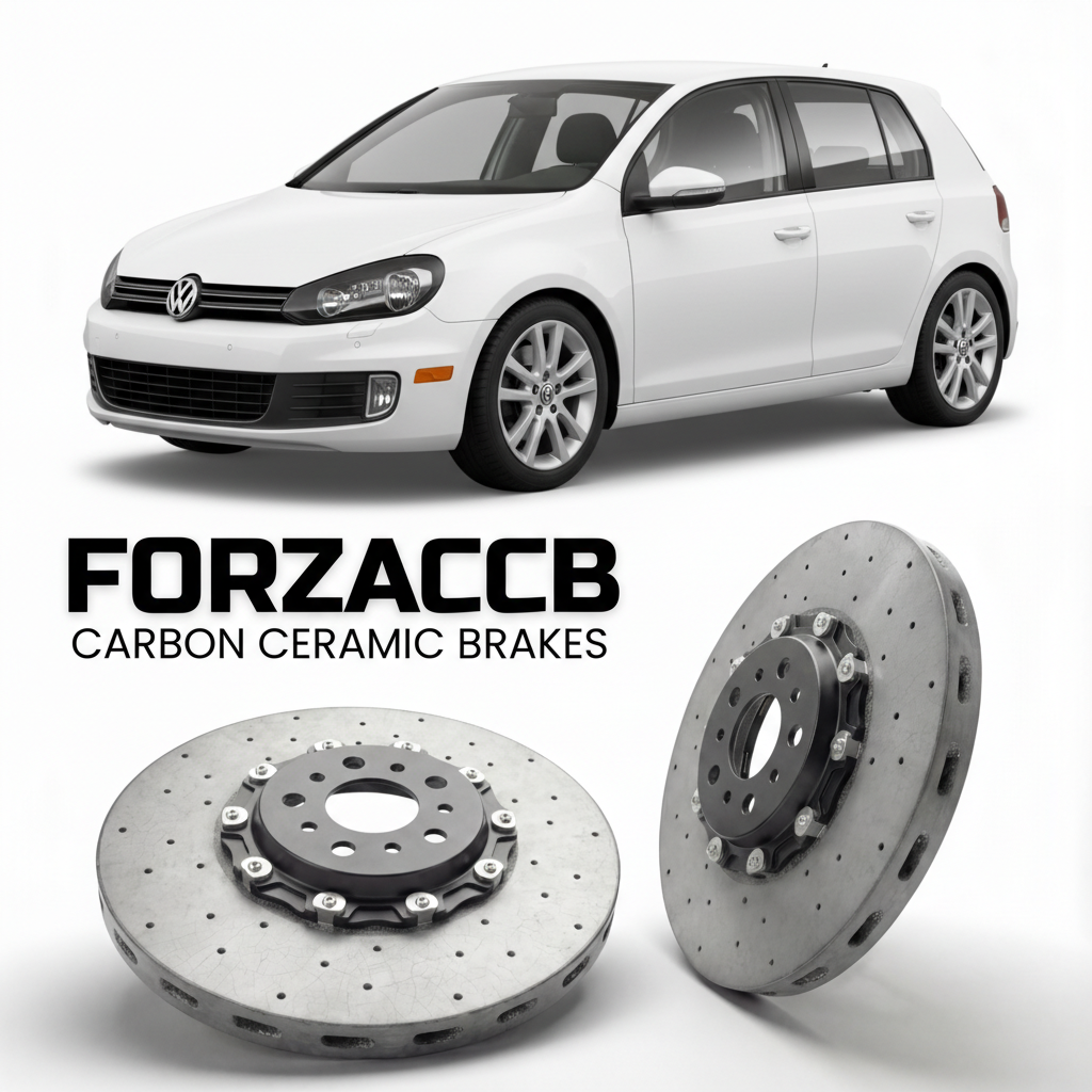 ForzaCCB direct OEM replacement carbon ceramic brake rotors for 2010 to 2012 Volkswagen Golf Mk6 5K models, shown with a white Volkswagen Golf car.