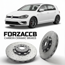 ForzaCCB direct OEM replacement carbon ceramic brake rotors for 2012 to 2019 Volkswagen Golf Mk7 5G models, shown with a white Volkswagen Golf car.
