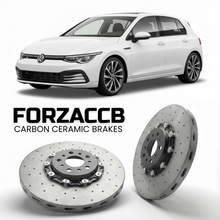 ForzaCCB direct OEM replacement carbon ceramic brake rotors for 2019- Volkswagen Golf Mk8 CD1 models, shown with a white Volkswagen Golf car.