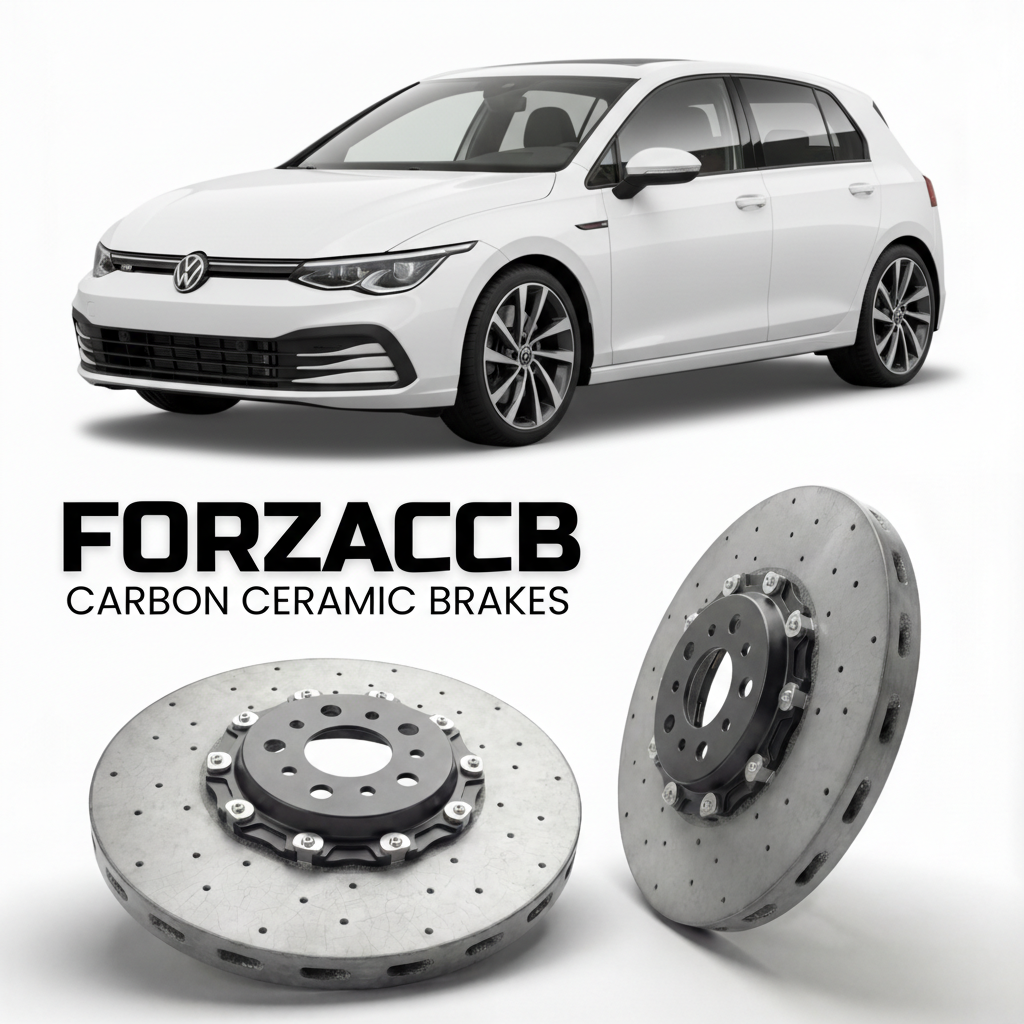 ForzaCCB direct OEM replacement carbon ceramic brake rotors for 2019- Volkswagen Golf Mk8 CD1 models, shown with a white Volkswagen Golf car.